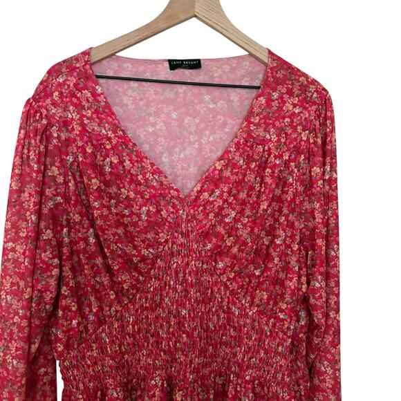 Lane Bryant Red Pink Floral V neck Peplum Quarter Sleeve Sheer Blouse Size 22/24 - Picture 4 of 8
